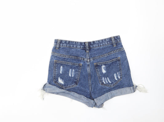 PRETTYLITTLETHING Womens Blue Cotton Cut-Off Shorts Size 8 L3 in Regular Zip - Distressed, Pockets, Belt Loops