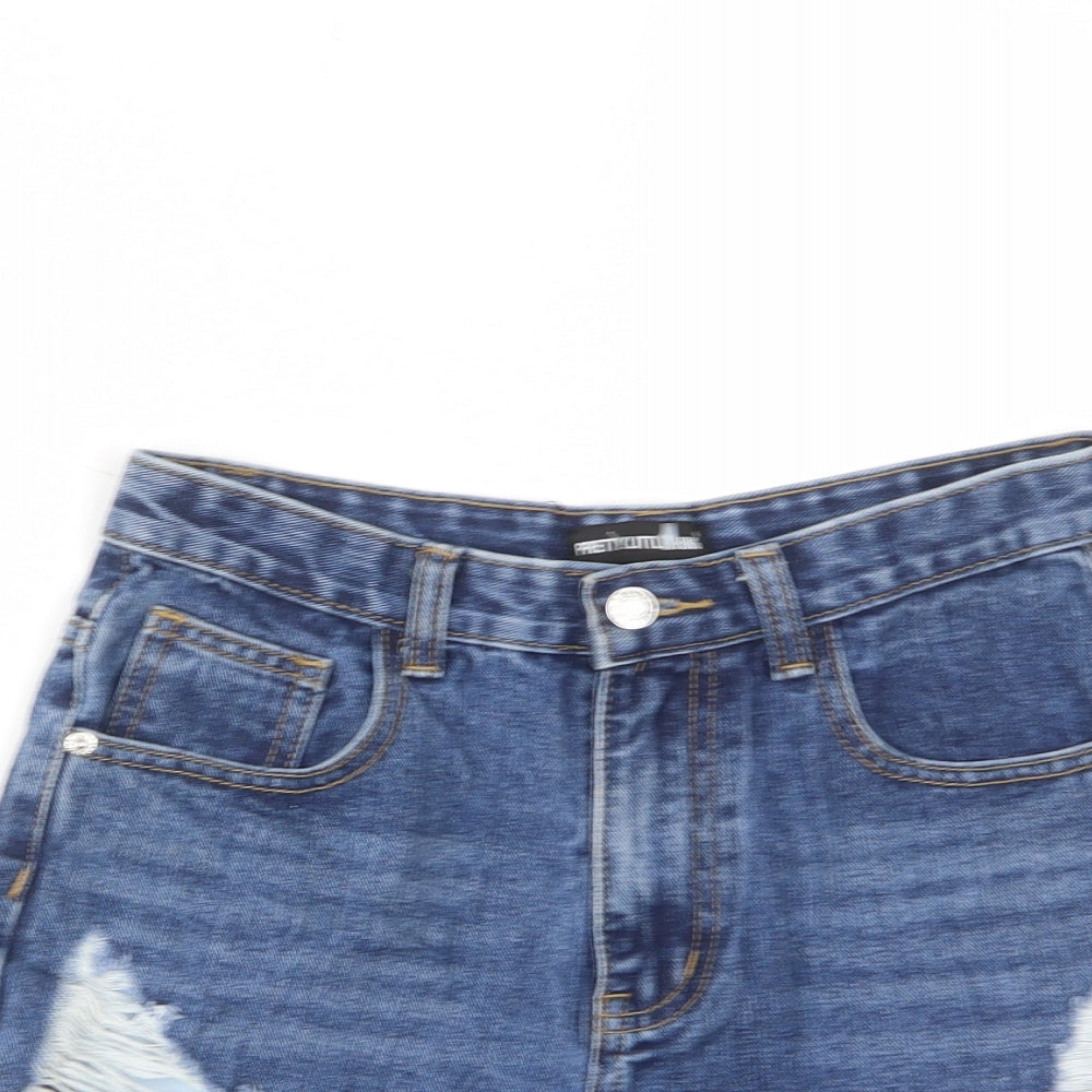PRETTYLITTLETHING Womens Blue Cotton Cut-Off Shorts Size 8 L3 in Regular Zip - Distressed, Pockets, Belt Loops