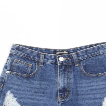 PRETTYLITTLETHING Womens Blue Cotton Cut-Off Shorts Size 8 L3 in Regular Zip - Distressed, Pockets, Belt Loops