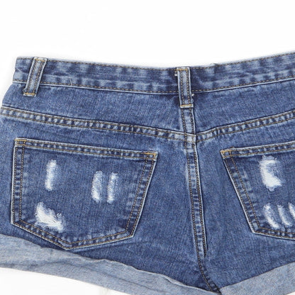 PRETTYLITTLETHING Womens Blue Cotton Cut-Off Shorts Size 8 L3 in Regular Zip - Distressed, Pockets, Belt Loops