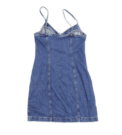Topshop Womens Blue 100% Silk A-Line Size 6 Scoop Neck Zip