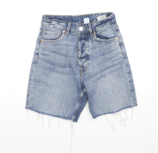 H&M Womens Blue Cotton Bermuda Shorts Size 6 L6 in Regular Zip - Raw Hems