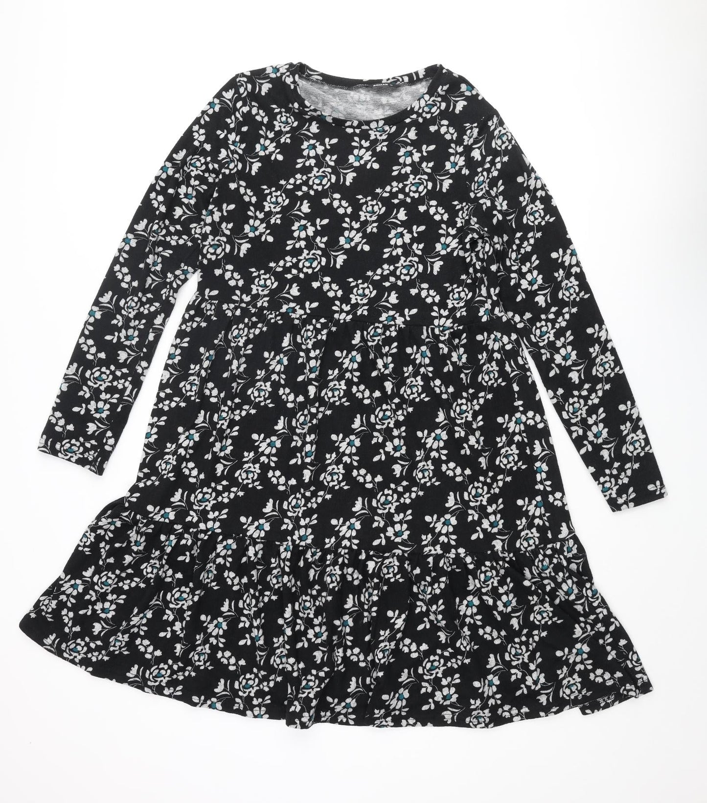 Roman Womens Black Floral Polyester A-Line Size 14 Round Neck Pullover