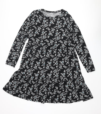 Roman Womens Black Floral Polyester A-Line Size 14 Round Neck Pullover