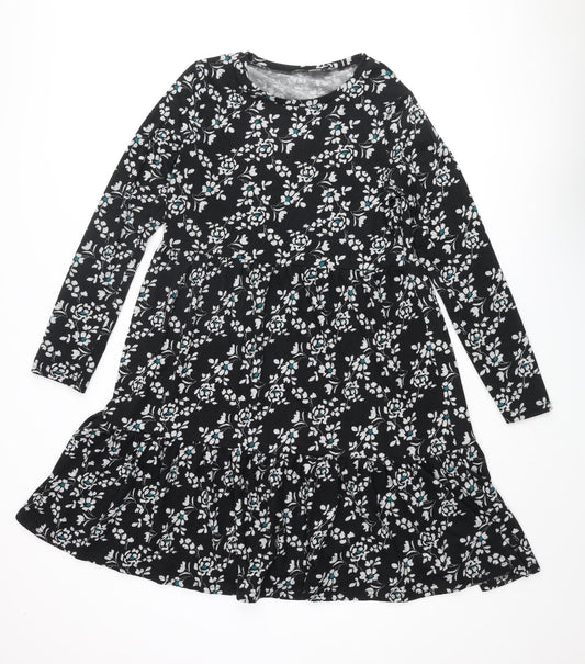 Roman Womens Black Floral Polyester A-Line Size 14 Round Neck Pullover