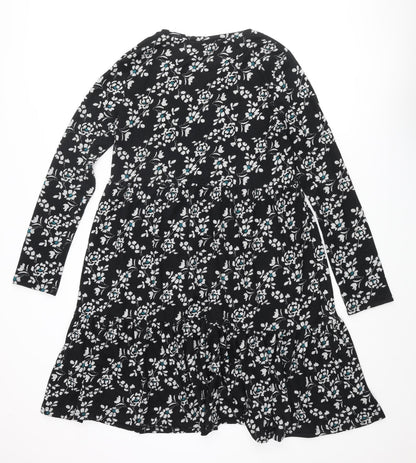 Roman Womens Black Floral Polyester A-Line Size 14 Round Neck Pullover