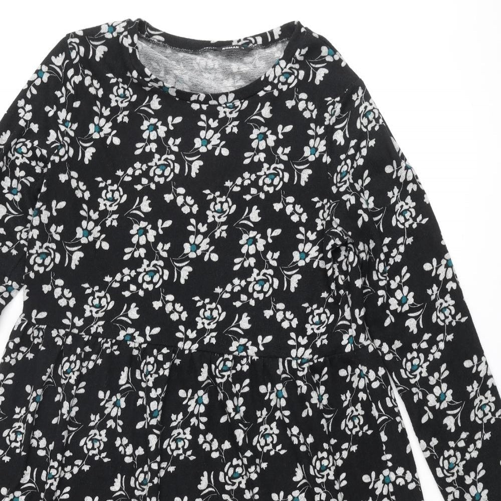Roman Womens Black Floral Polyester A-Line Size 14 Round Neck Pullover