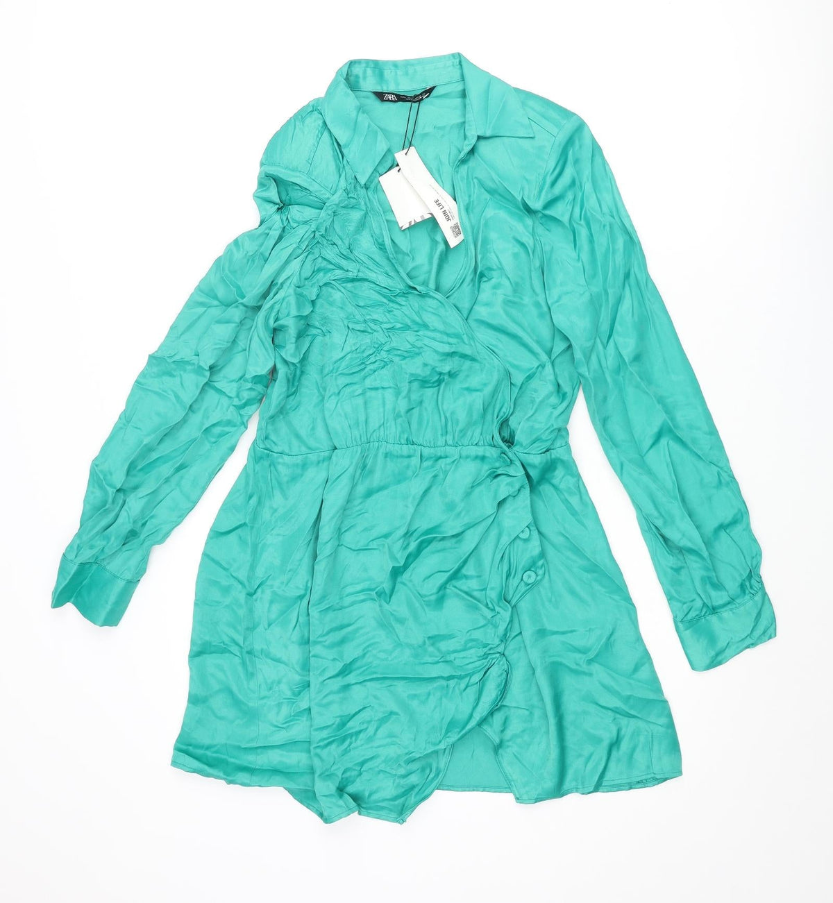 Zara Womens Green Viscose Wrap Dress Size L Collared Button