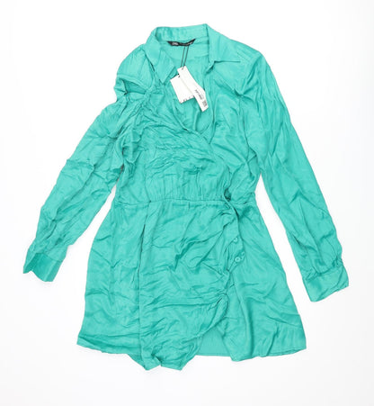 Zara Womens Green Viscose Wrap Dress Size L Collared Button