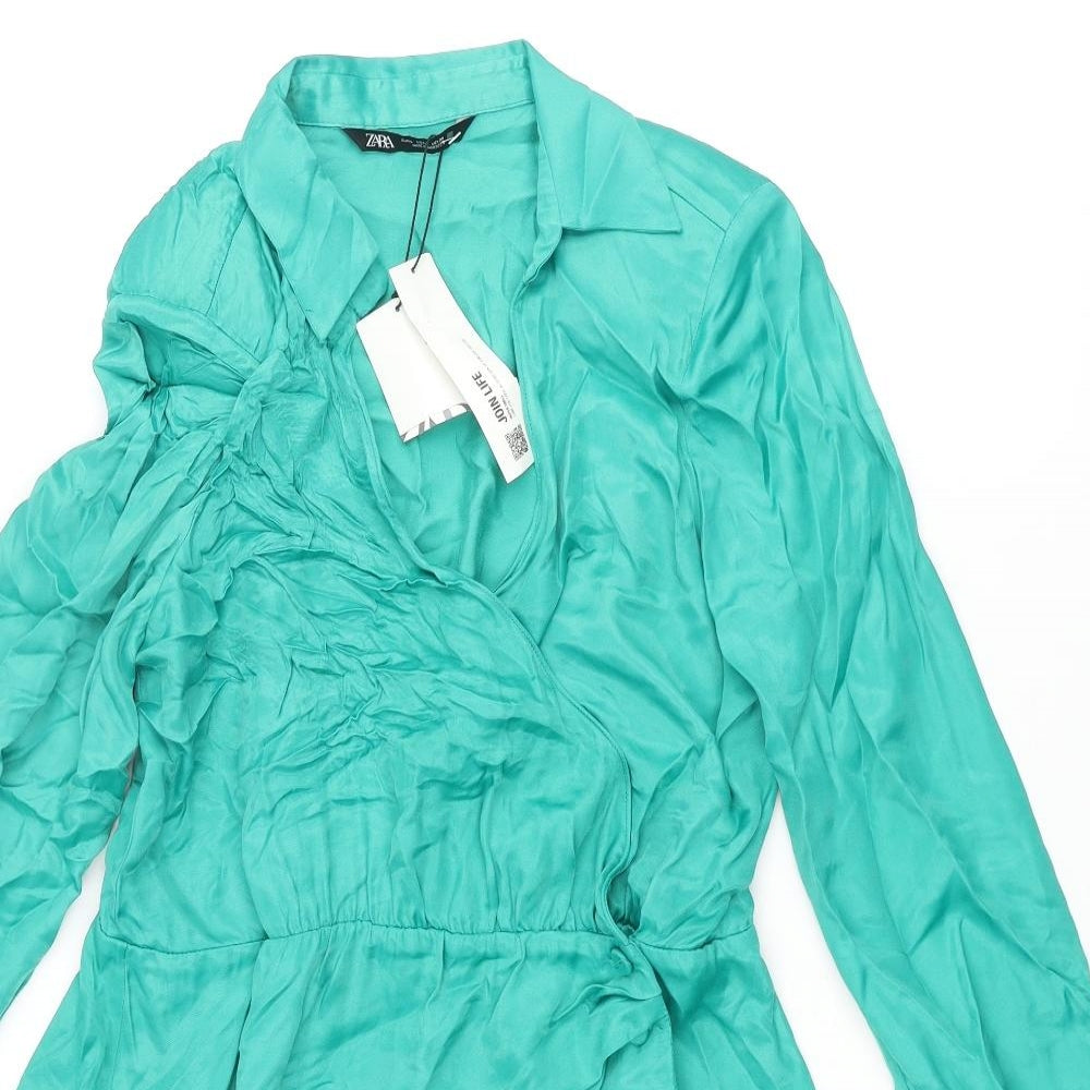 Zara Womens Green Viscose Wrap Dress Size L Collared Button