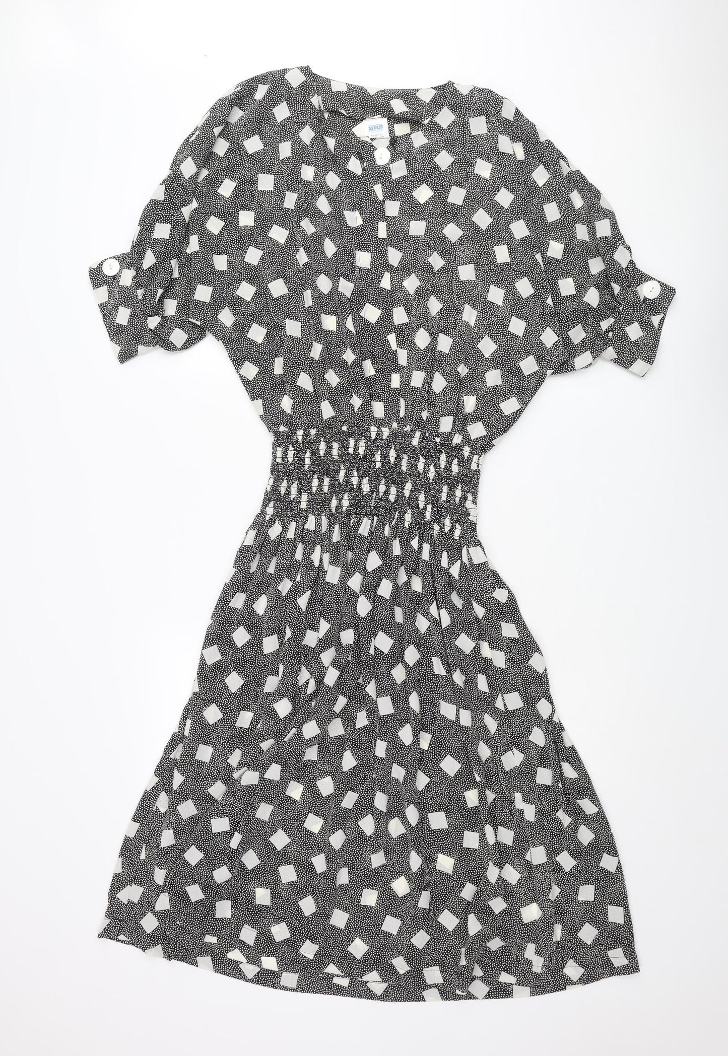 BHS Womens Black Polka Dot Polyester A-Line Size 12 Round Neck Button - Square Pattern