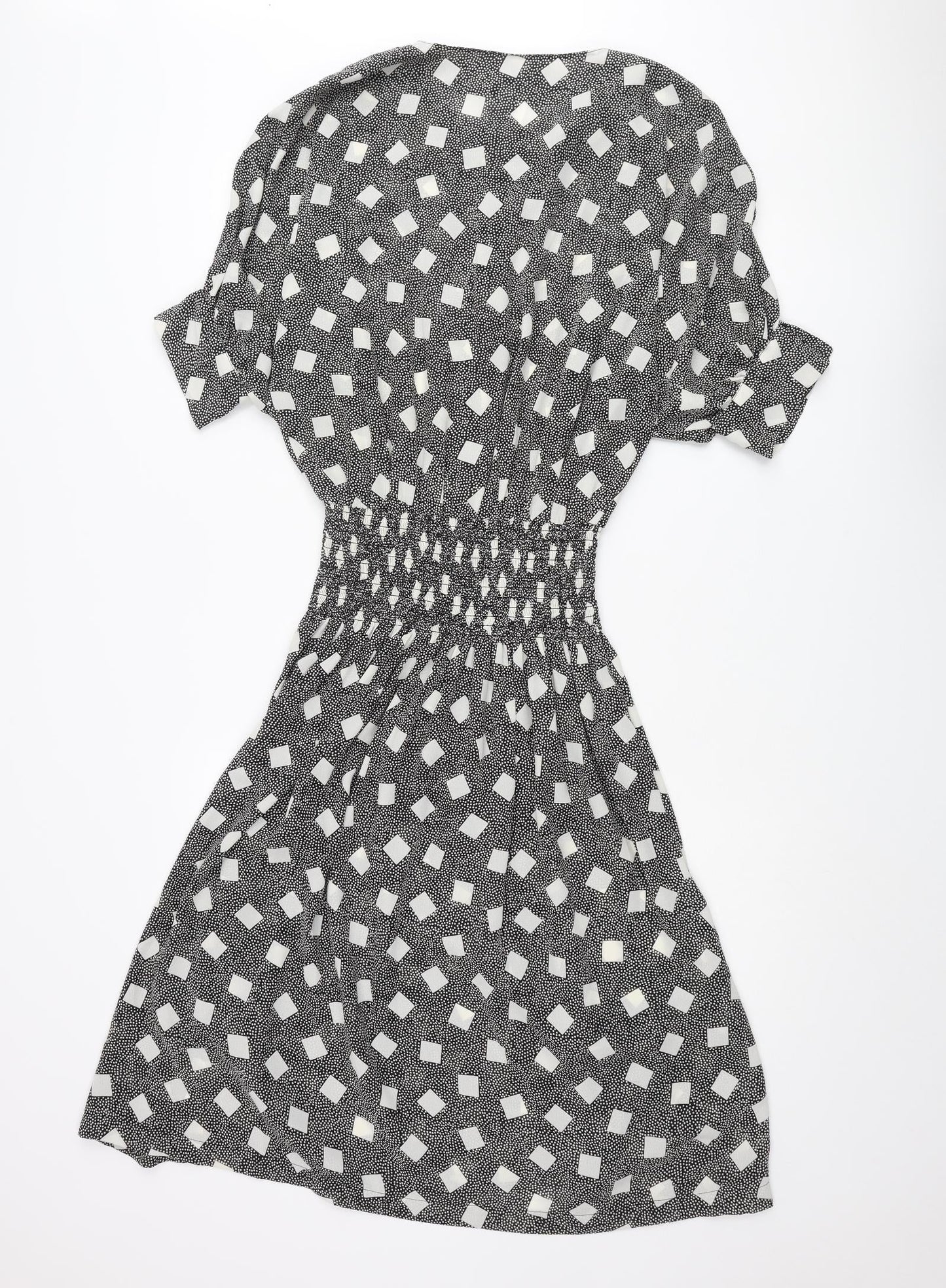 BHS Womens Black Polka Dot Polyester A-Line Size 12 Round Neck Button - Square Pattern