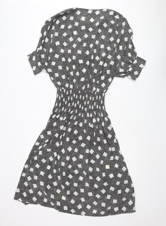 BHS Womens Black Polka Dot Polyester A-Line Size 12 Round Neck Button - Square Pattern
