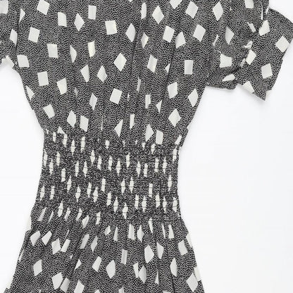 BHS Womens Black Polka Dot Polyester A-Line Size 12 Round Neck Button - Square Pattern