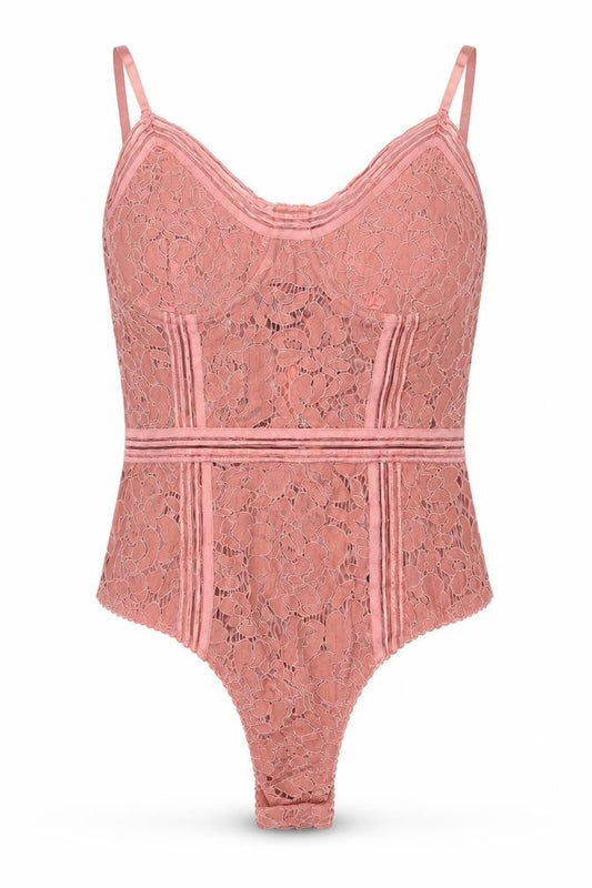 Front view of Missguided women’s pink nylon bodysuit one-piece, size UK 6, zip