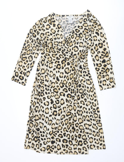Carmen Womens Beige Animal Print Polyester Shift Size S V-Neck Pullover - Leopard Print, Twist Detail