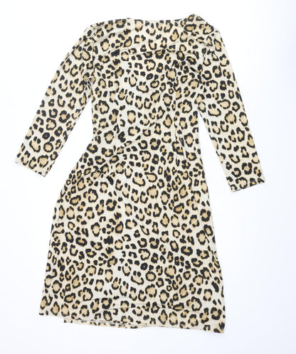 Carmen Womens Beige Animal Print Polyester Shift Size S V-Neck Pullover - Leopard Print, Twist Detail