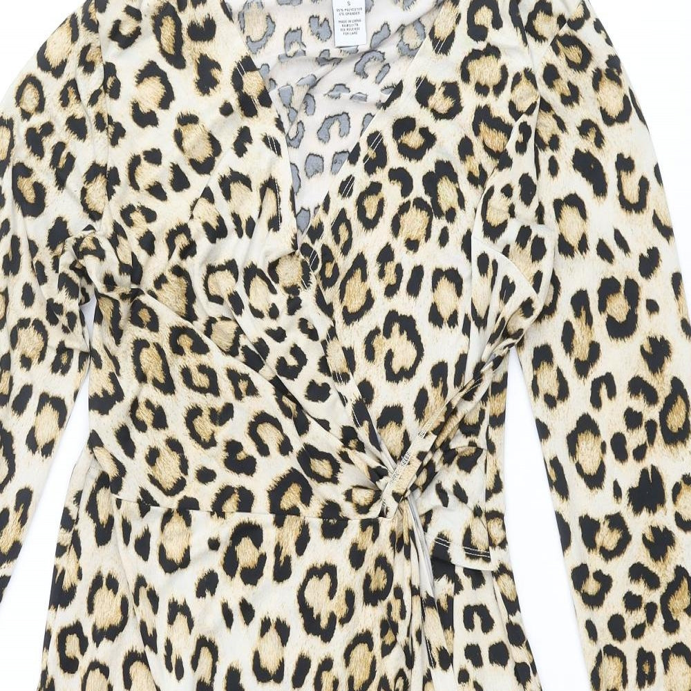 Carmen Womens Beige Animal Print Polyester Shift Size S V-Neck Pullover - Leopard Print, Twist Detail