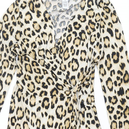 Carmen Womens Beige Animal Print Polyester Shift Size S V-Neck Pullover - Leopard Print, Twist Detail