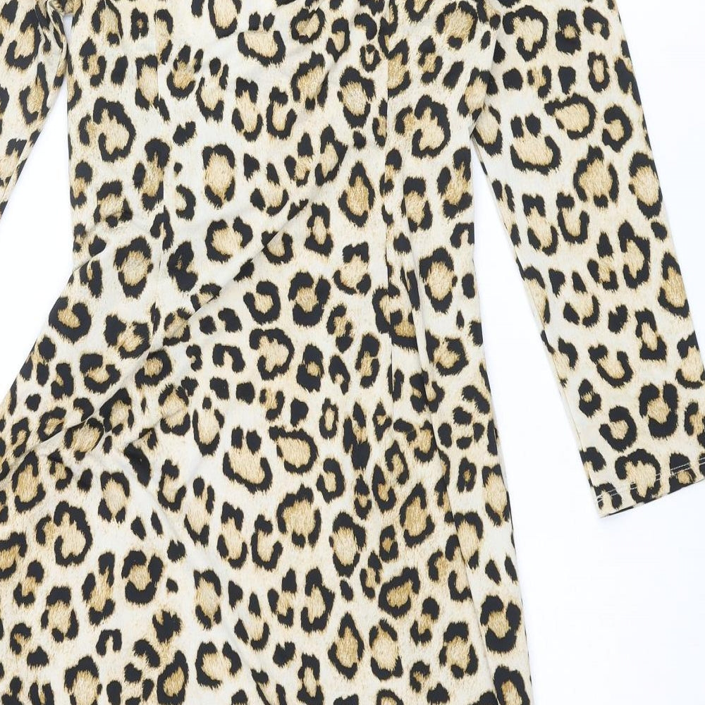 Carmen Womens Beige Animal Print Polyester Shift Size S V-Neck Pullover - Leopard Print, Twist Detail