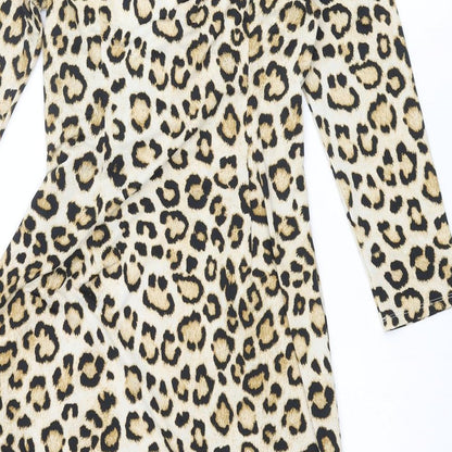 Carmen Womens Beige Animal Print Polyester Shift Size S V-Neck Pullover - Leopard Print, Twist Detail