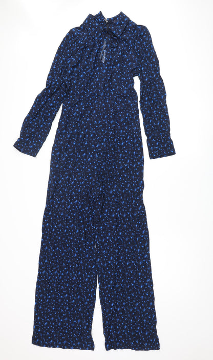 Marks and Spencer Womens Blue Geometric Viscose Jumpsuit One-Piece Size 6 L29 in Zip - Star Print Bow Keyhole
