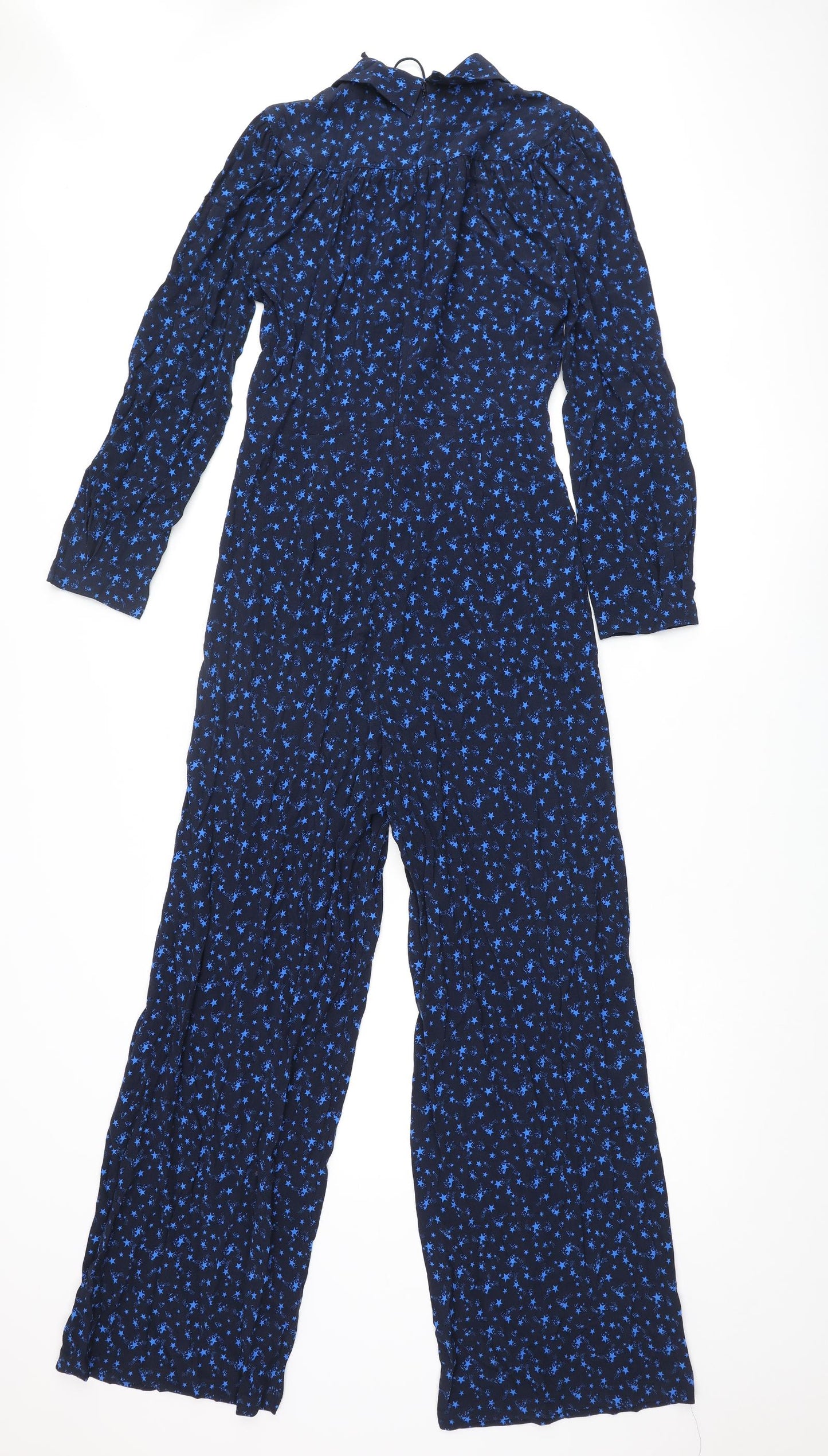 Marks and Spencer Womens Blue Geometric Viscose Jumpsuit One-Piece Size 6 L29 in Zip - Star Print Bow Keyhole