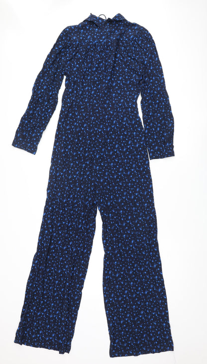 Marks and Spencer Womens Blue Geometric Viscose Jumpsuit One-Piece Size 6 L29 in Zip - Star Print Bow Keyhole