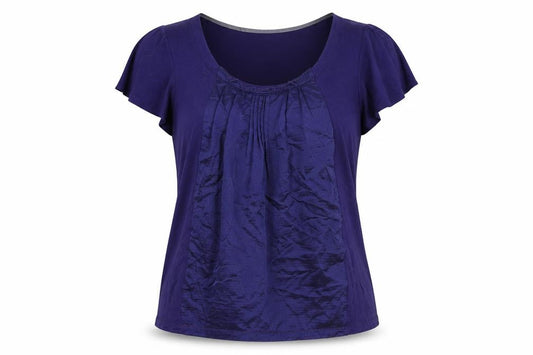 Front view of Betty Jackson women’s blue viscose basic blouse, size UK 14, scoop neck - tie detail