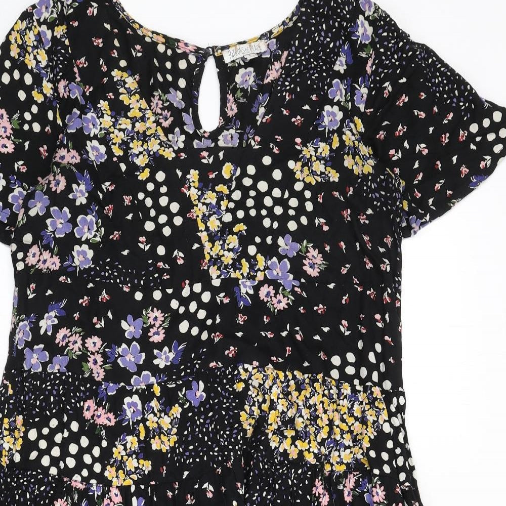 Patrons of Peace Womens Black Floral Viscose Fit & Flare Size S V-Neck Pullover
