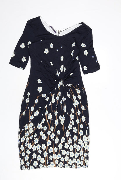 Laurél Womens Blue Floral Viscose A-Line Size 12 Boat Neck Zip