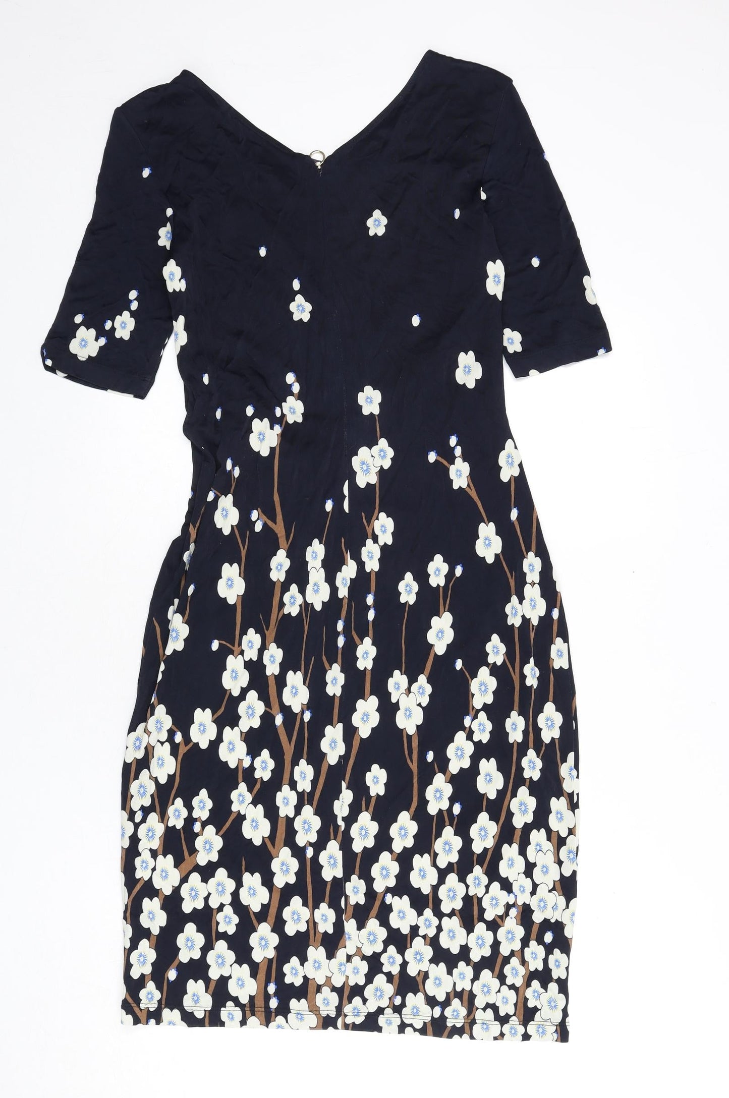 Laurél Womens Blue Floral Viscose A-Line Size 12 Boat Neck Zip