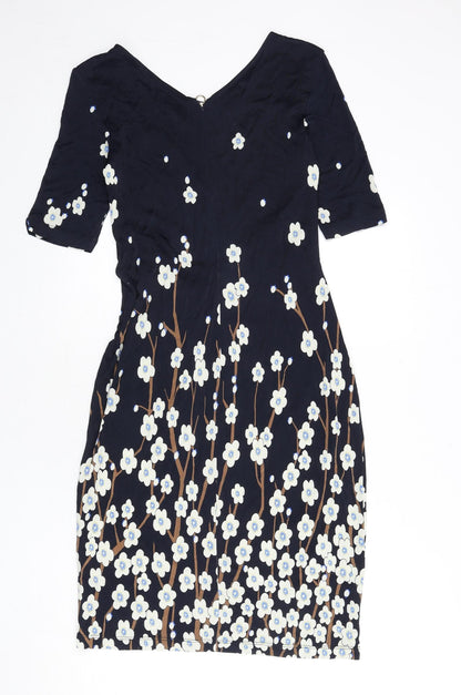 Laurél Womens Blue Floral Viscose A-Line Size 12 Boat Neck Zip