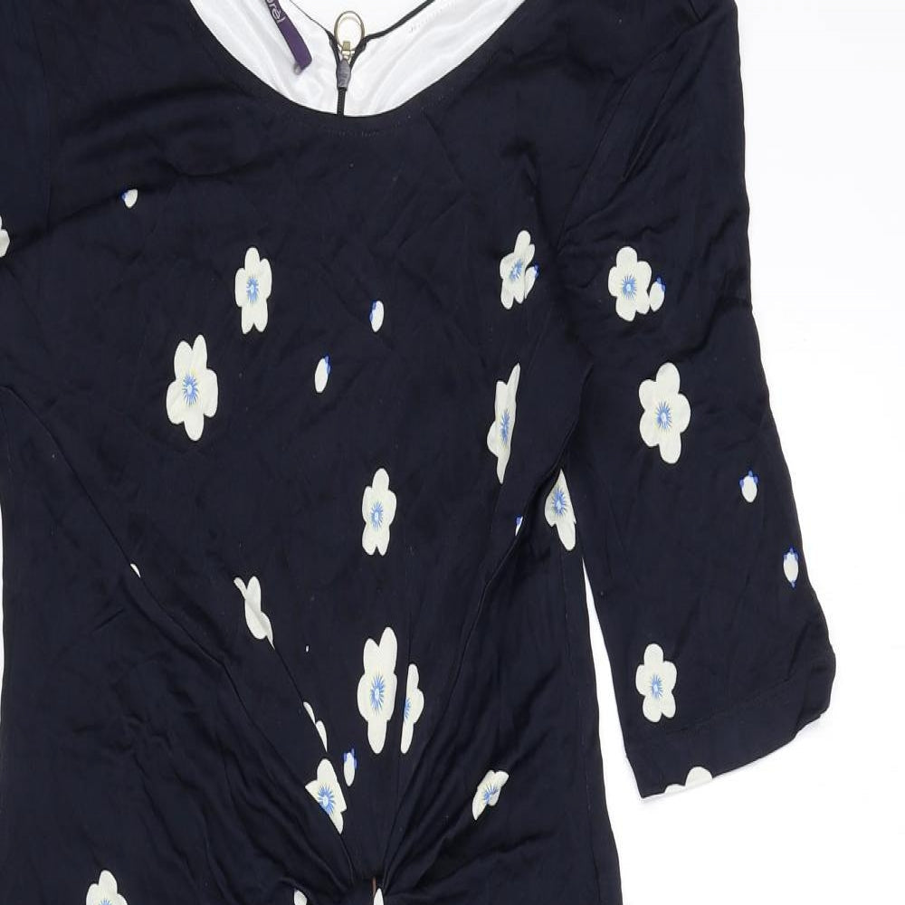 Laurél Womens Blue Floral Viscose A-Line Size 12 Boat Neck Zip