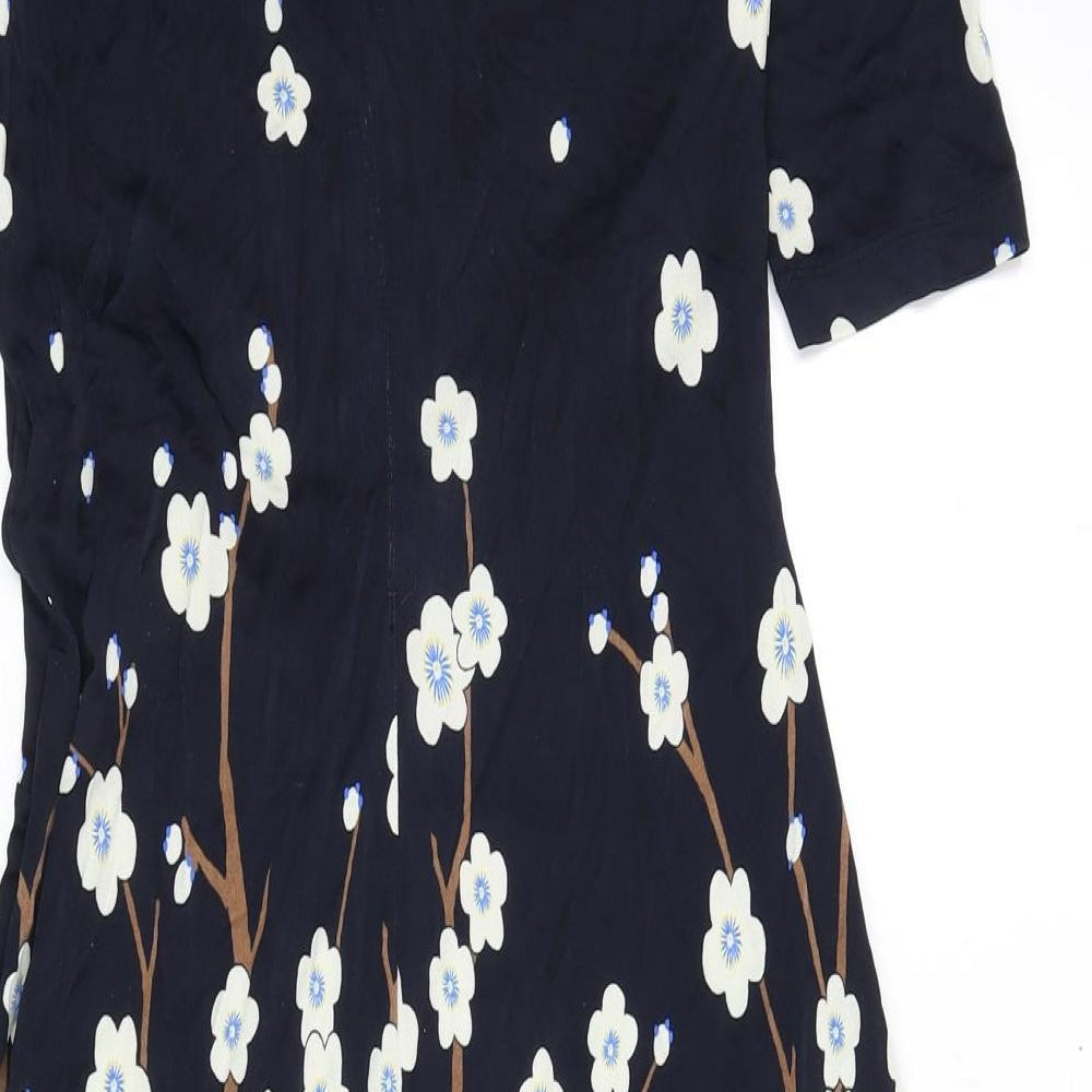 Laurél Womens Blue Floral Viscose A-Line Size 12 Boat Neck Zip