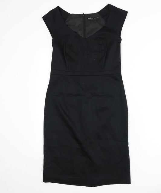 Dorothy Perkins Womens Black Cotton Pencil Dress Size 10 V-Neck Zip - Slit