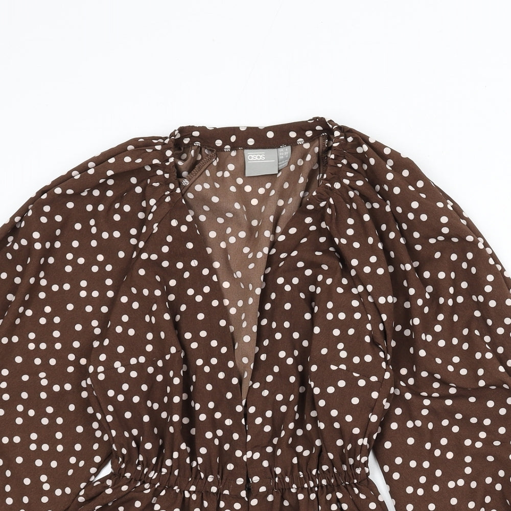ASOS Womens Brown Polka Dot Polyester Basic Blouse Size 4 V-Neck - Balloon Sleeves