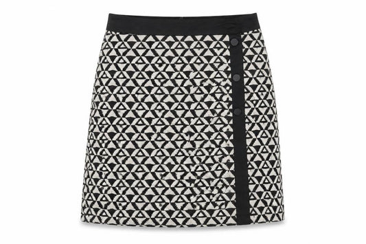 Front view of Wallis women’s black geometric polyester a-line skirt, size UK 10, zip - triangles