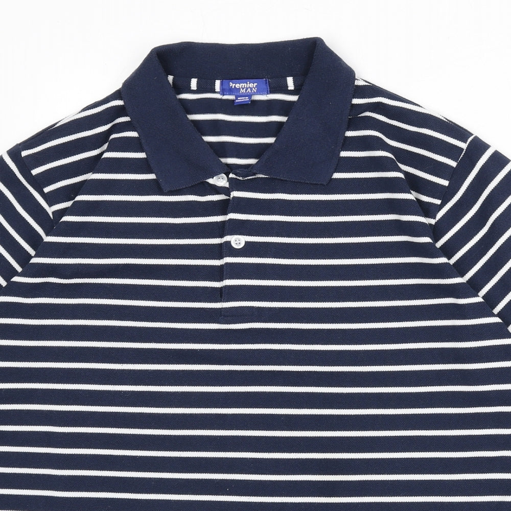 Premier Man Mens Blue Striped Polyester Polo Size M Collared Button