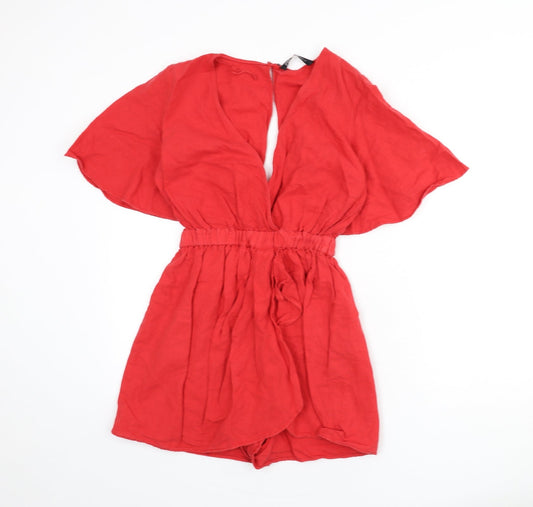 Zara Womens Red Linen Romper One-Piece Size S Button - Cut Out Back Detail, Elastic Waist