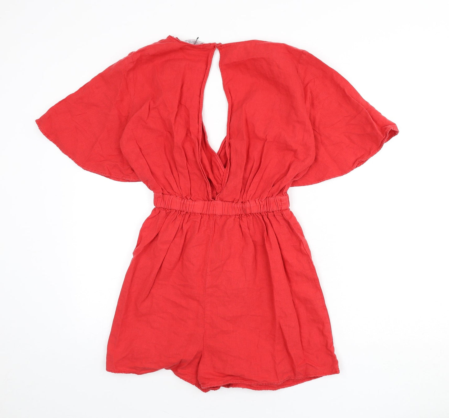 Zara Womens Red Linen Romper One-Piece Size S Button - Cut Out Back Detail, Elastic Waist