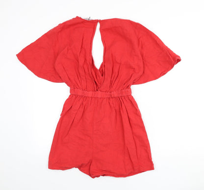 Zara Womens Red Linen Romper One-Piece Size S Button - Cut Out Back Detail, Elastic Waist