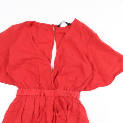 Zara Womens Red Linen Romper One-Piece Size S Button - Cut Out Back Detail, Elastic Waist