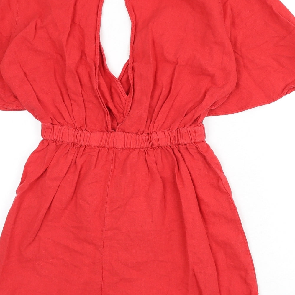 Zara Womens Red Linen Romper One-Piece Size S Button - Cut Out Back Detail, Elastic Waist