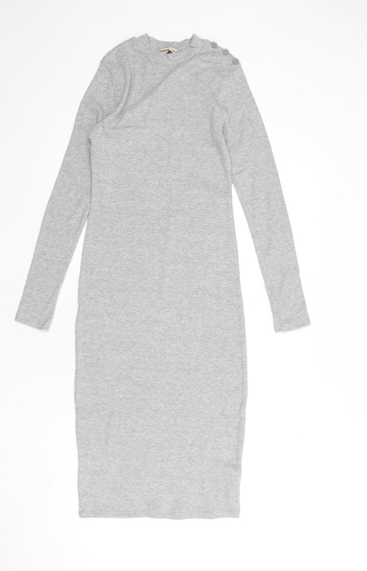 Pull&Bear Womens Grey Cotton Bodycon Size L Round Neck Pullover - Ribbed