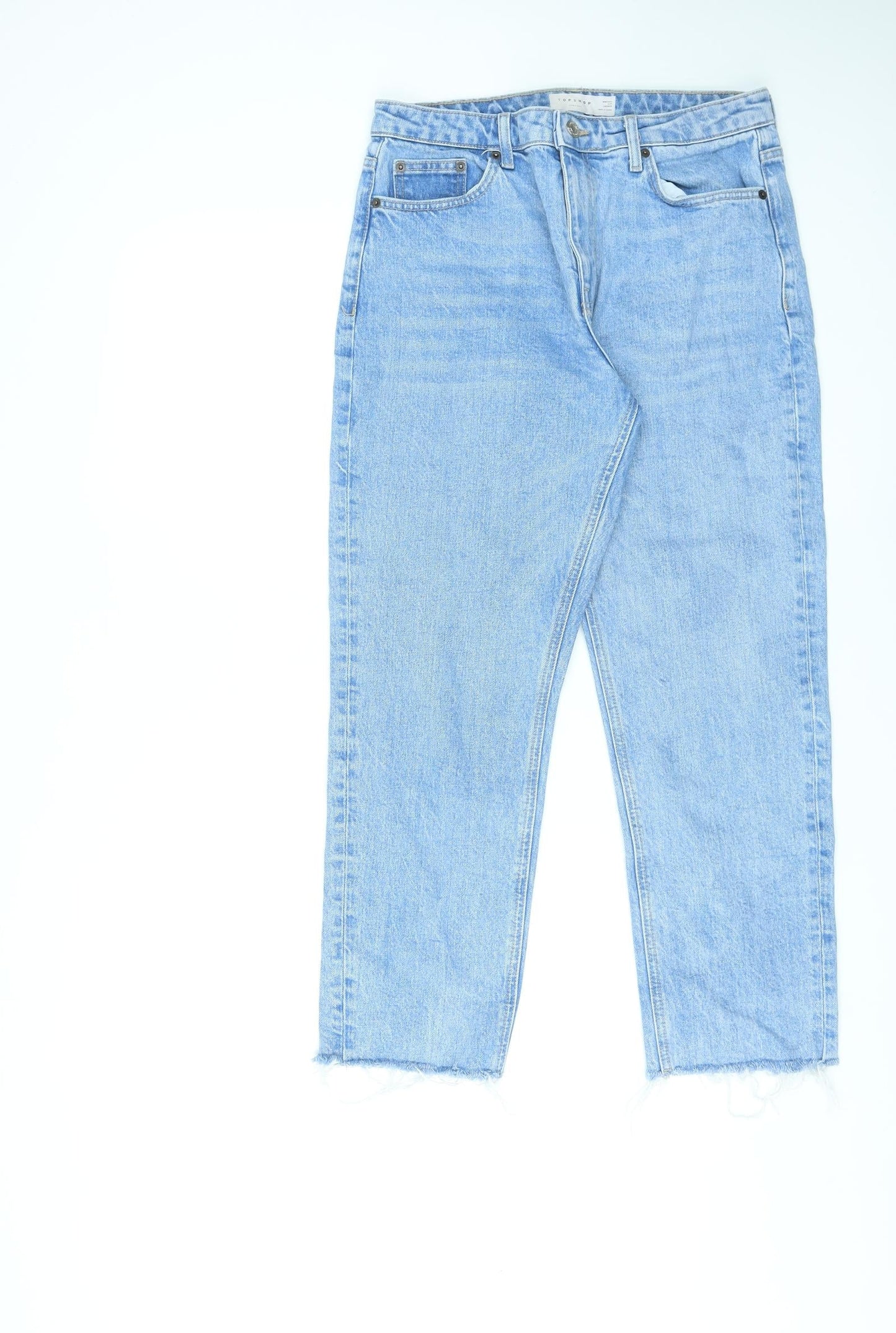 Topshop Womens Blue Cotton Straight Jeans Size 30 L25 in Regular Zip - Raw Hems