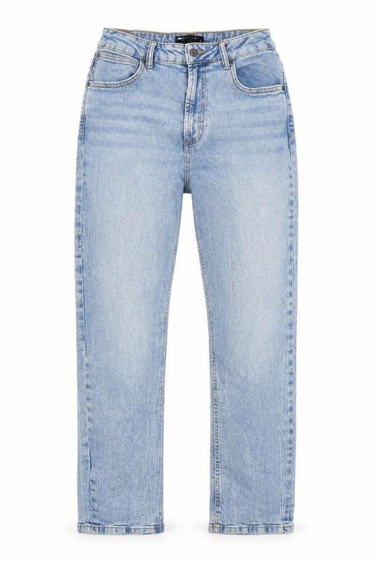 Front view of ASOS women’s blue cotton straight jeans, size UK 30, 32-inch leg regular zip