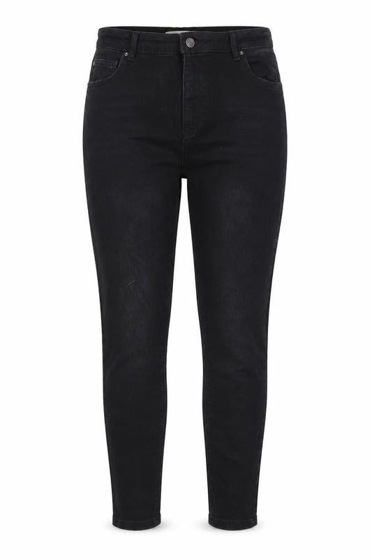 Front view of Denim & Co. women’s black cotton tapered jeans, size UK 16, 27-inch leg regular zip
