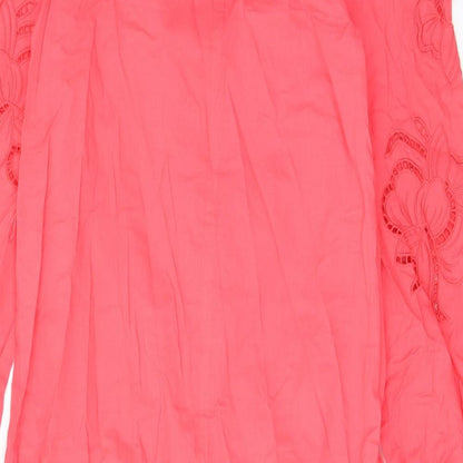 Marks and Spencer Womens Pink Cotton A-Line Size 6 Crew Neck Button - Embroided