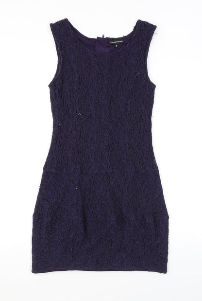 Warehouse Womens Purple Geometric Polyamide Shift Size 12 Scoop Neck Zip